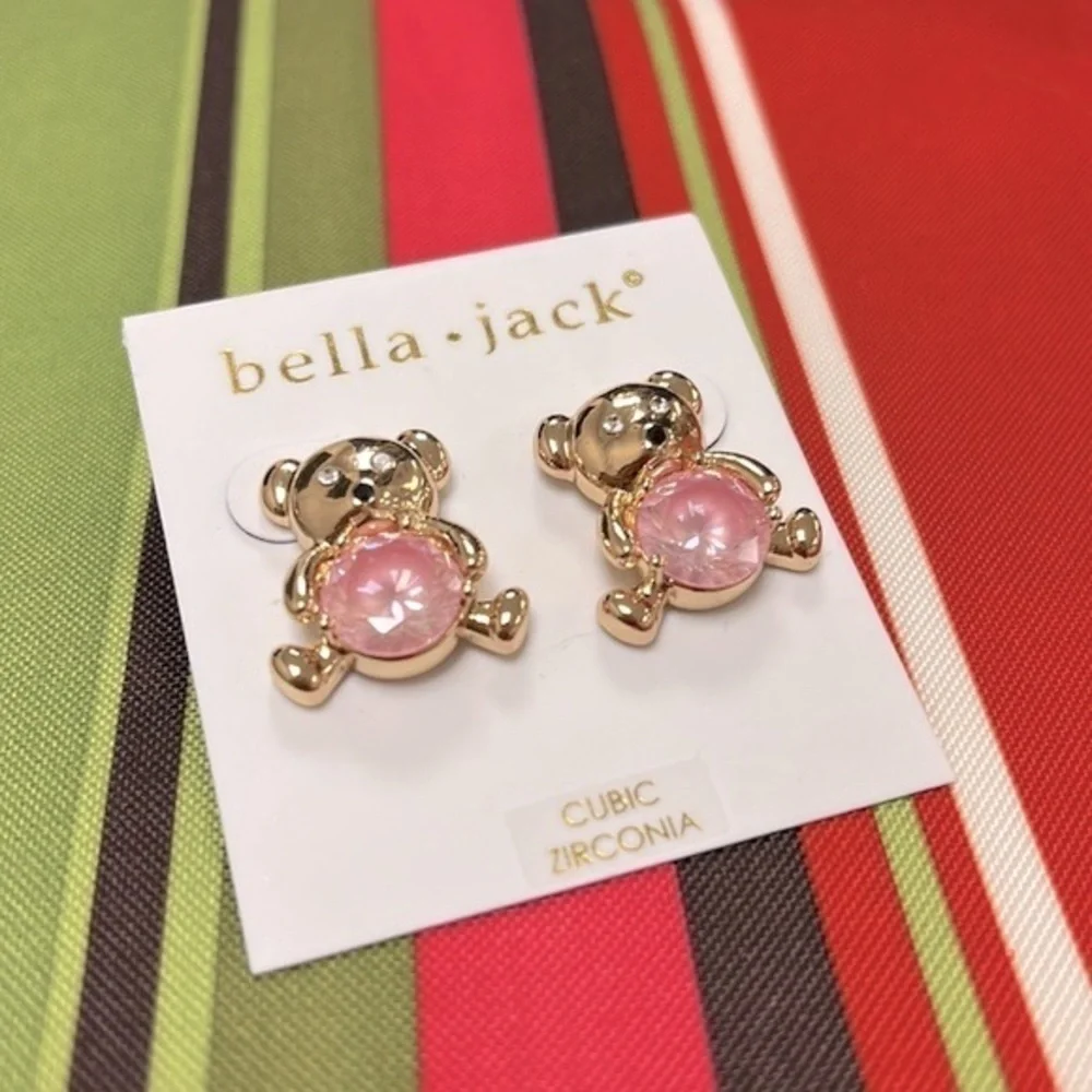 Brand New Bella Jack Teddy Bear Post Earring Gold Tone w/ Pink Stone